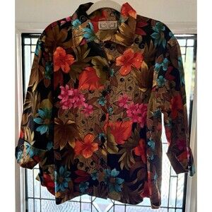 Life Style Woman Jacket 1X White Multicolor Bold Floral Embellished Shacket Boho